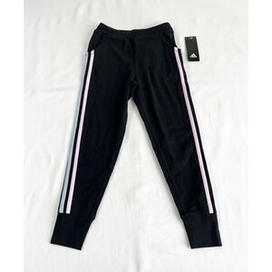 New Adidas Track Joggers Youth Girl's Small 7/8 Black W/Blue & Pink Side Stripes